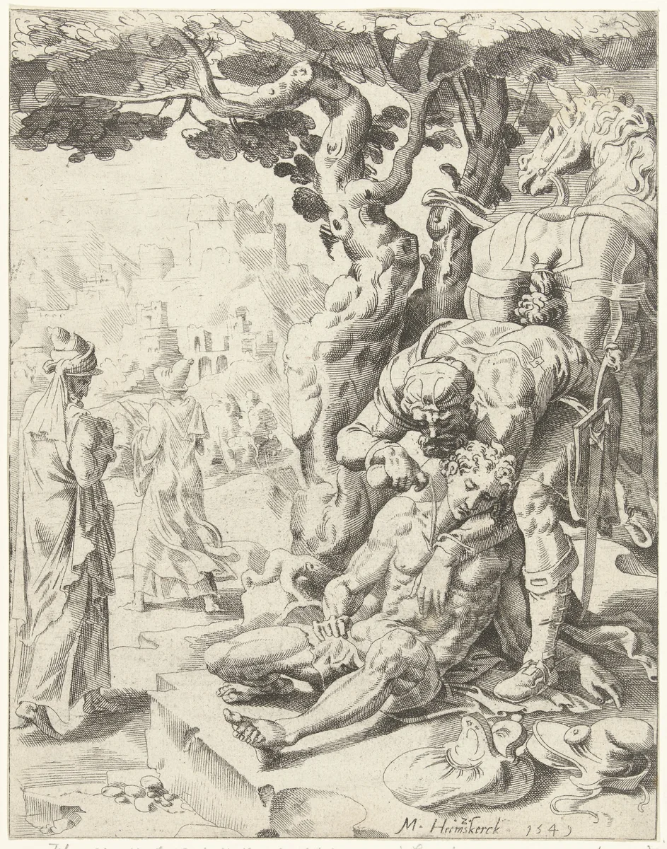 Barmhartige Samaritaan verzorgt de wonden by Dirck Volckertsz. Coornhert, print, 1549