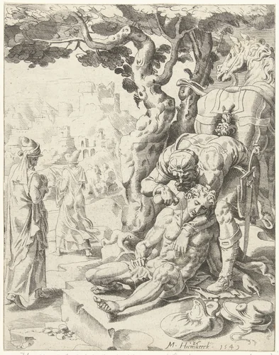 Barmhartige Samaritaan verzorgt de wonden by Dirck Volckertsz. Coornhert, print, 1549
