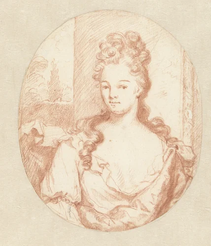 Portret van een onbekende jonge vrouw, in ovaal by Godfried Schalcken, drawing, 1653-1706