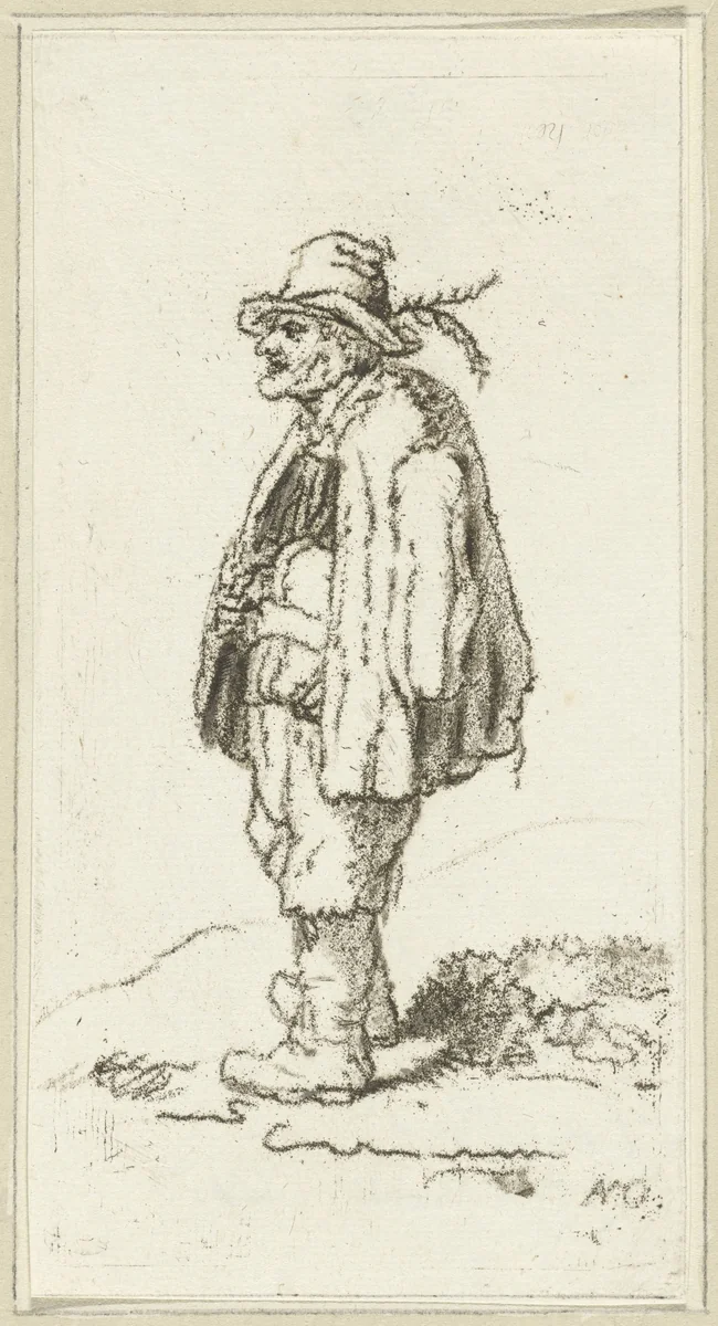 Staande man met veren op zijn hoed by Cornelis van Noorde, print, 1741-1795