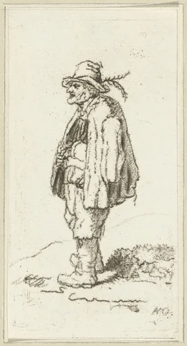 Staande man met veren op zijn hoed by Cornelis van Noorde, print, 1741-1795
