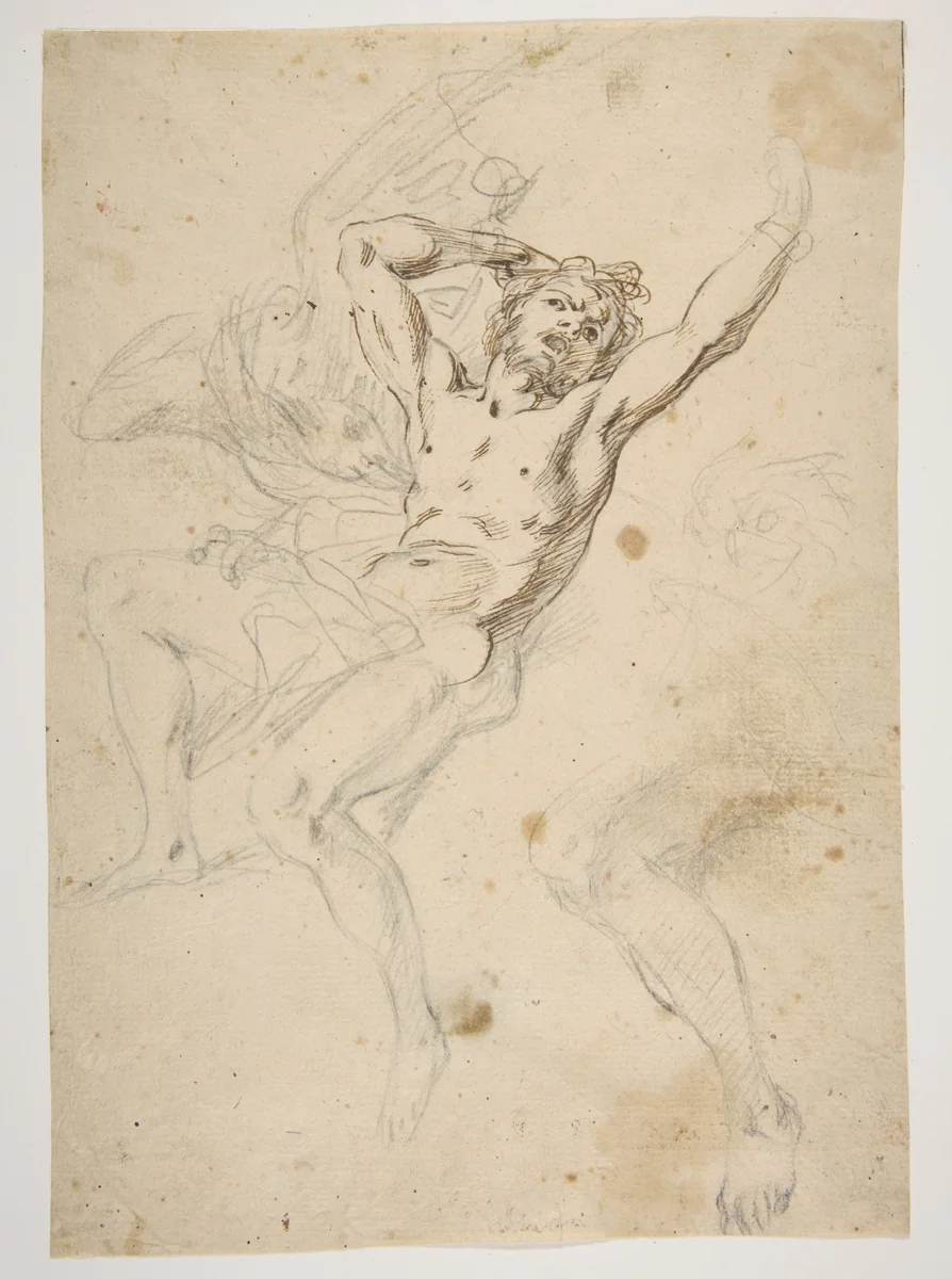 Study for a Prometheus Bound (recto); slight sketch of head and shoulders of man in lead pencil (verso) by Salvator Rosa, drawing, 1615-1673