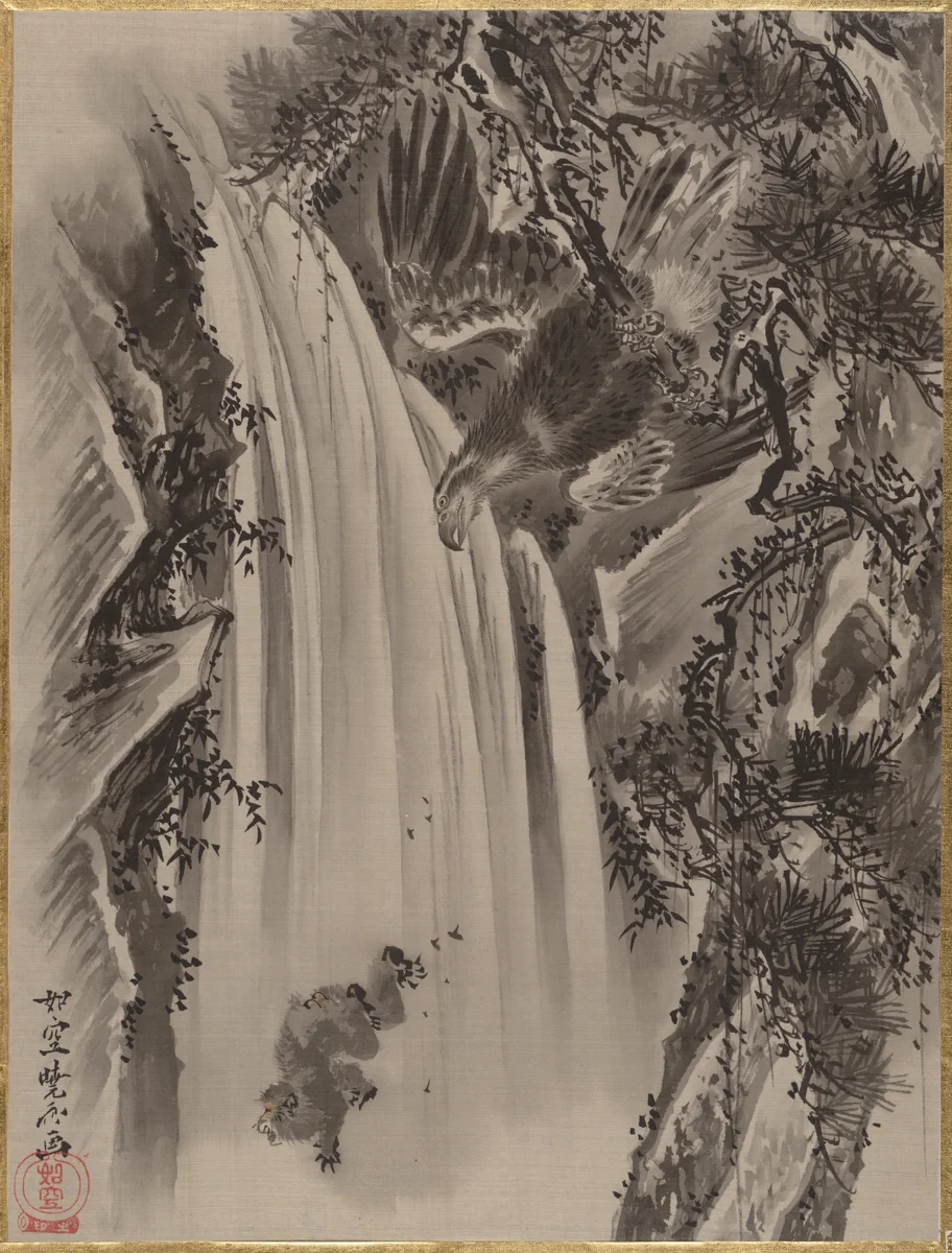 Waterfall, Eagle and Monkey by Kawanabe Kyōsai (河鍋暁斎), painting, 1877-1897