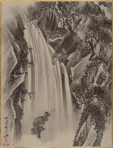 Waterfall, Eagle and Monkey by Kawanabe Kyōsai (河鍋暁斎), painting, 1877-1897