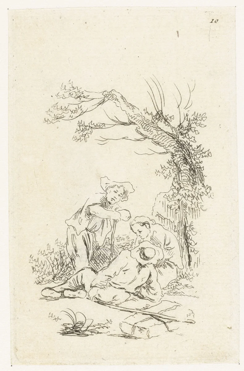 Drie reizigers rustend onder een boom by François Boucher, print, 1727-1755