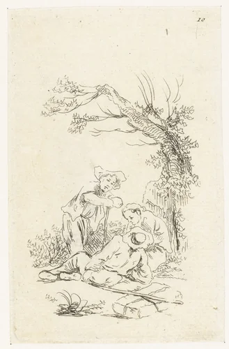 Drie reizigers rustend onder een boom by François Boucher, print, 1727-1755