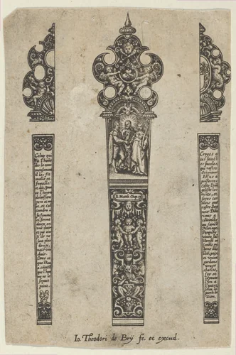 Design for a Knife Handle with a Scene of Christ Joining a Man and Woman by Johann Theodor de Bry, print, 1580-1600