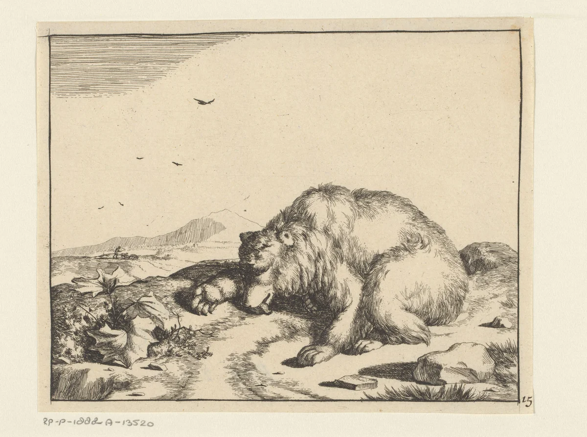 Beer, liggend met met tong uit muil by Marcus de Bye, print, 1664