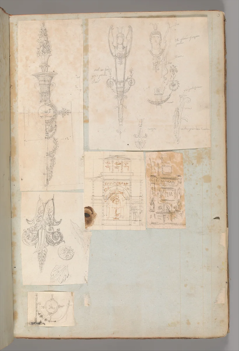Page from a Scrapbook containing Drawings and Several Prints of Architecture, Interiors, Furniture and Other Objects by Charles Percier, book, 1795-1805