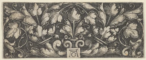 Horizontal Panel with Two Tendrils Sprouting Upwards from Horns at Center by Heinrich Aldegrever, print, 1525-1561