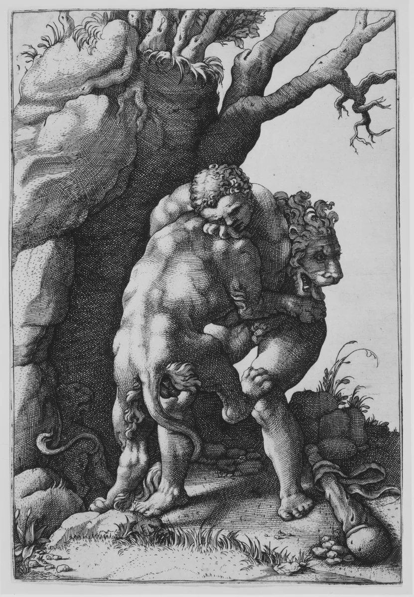 Hercules and the Nemean Lion by Adamo Scultori, print, 1545-1585