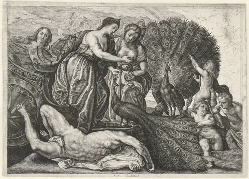 Juno Decorating her Peacocks with the Eyes of Argus by Magdalena van de Passe, print, 1617-1634