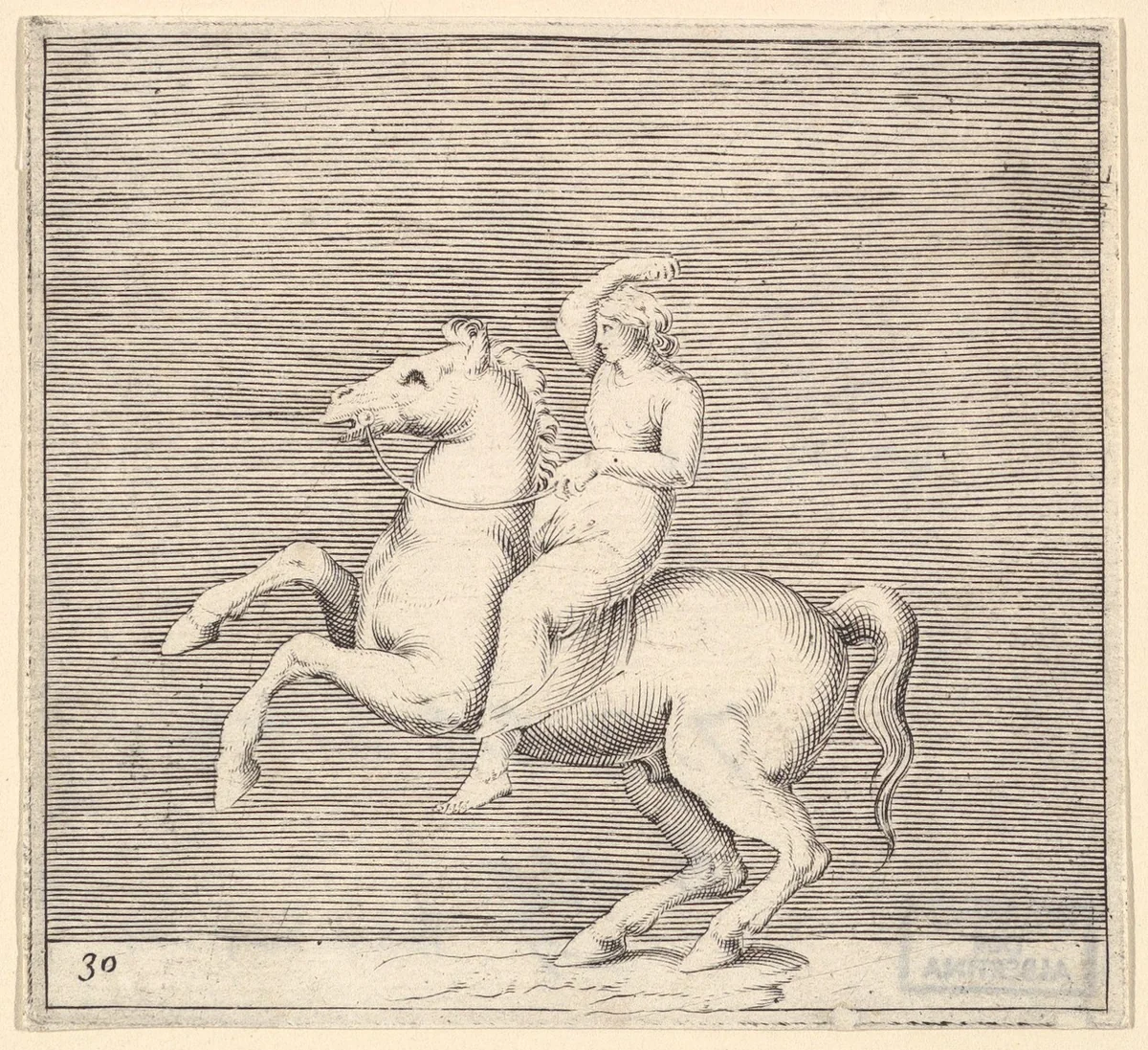 Woman on Rearing Horse, from "Ex Antiquis Cameorum et Gemmae Delineata/ Liber Secundus/et ab Enea Vico Parmen Incis" by anonymous, print, 1599-1622