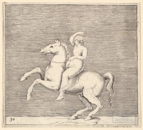 Woman on Rearing Horse, from "Ex Antiquis Cameorum et Gemmae Delineata/ Liber Secundus/et ab Enea Vico Parmen Incis" by anonymous, print, 1599-1622