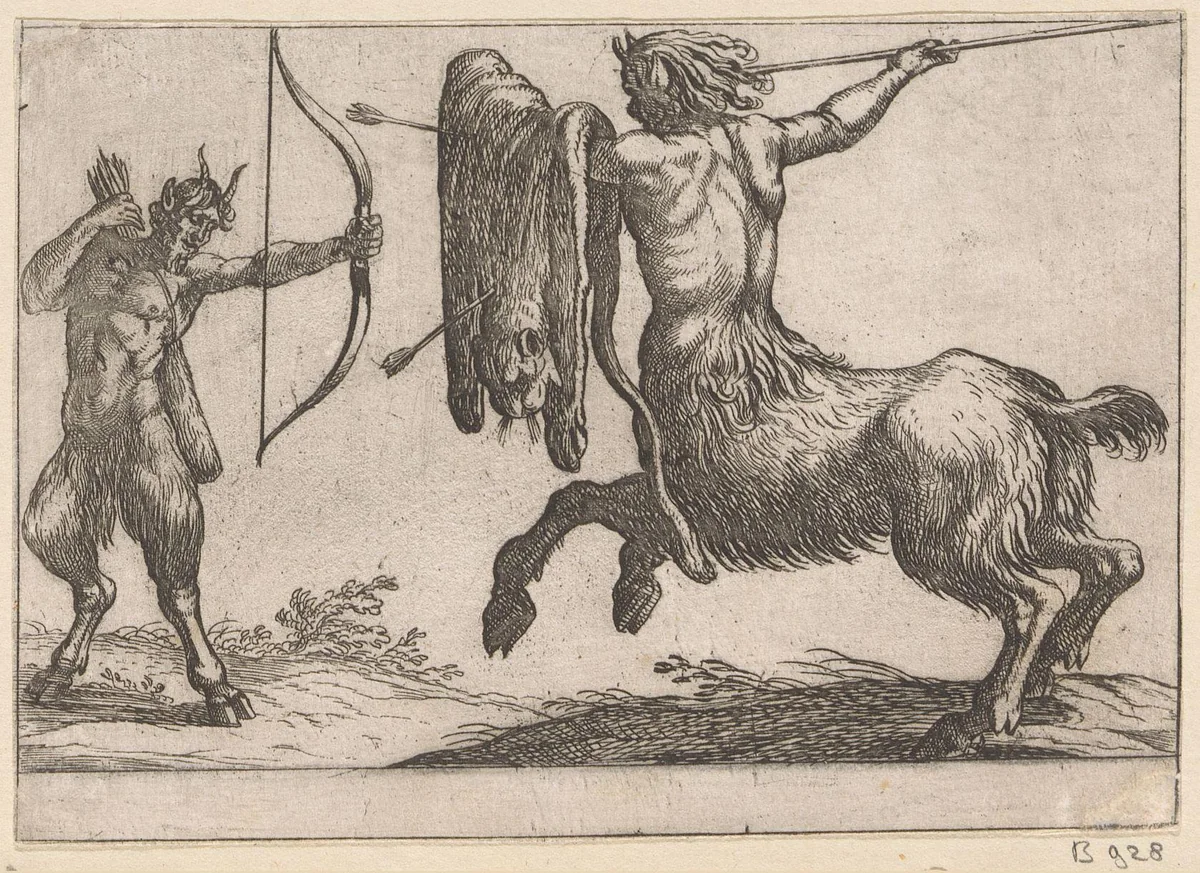 Een centaur een sater aanvallend by Antonio Tempesta, print, 1600