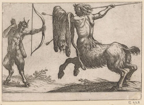 Een centaur een sater aanvallend by Antonio Tempesta, print, 1600