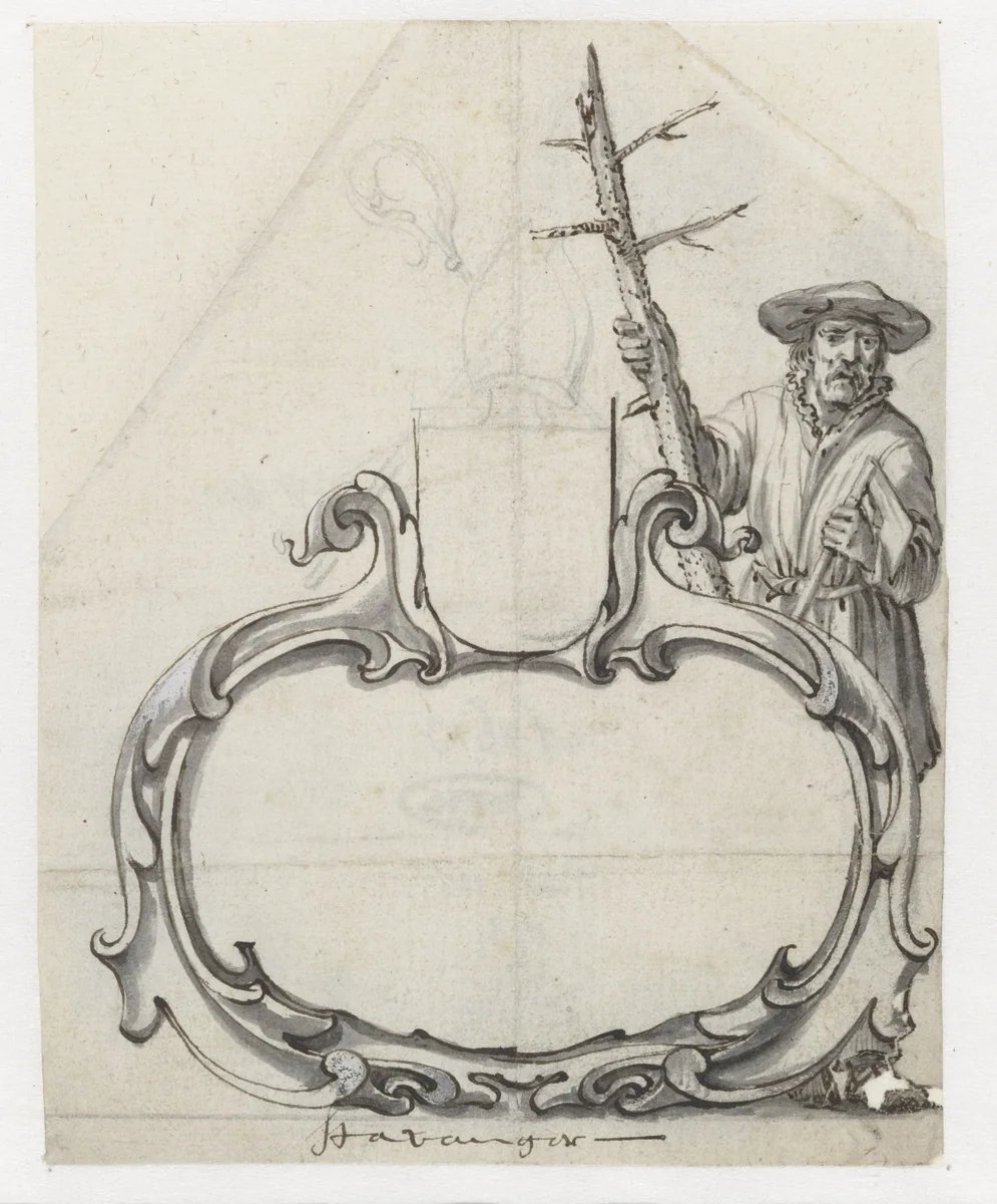 Cartouche met een man met een dennenstam by Pieter Jansz, drawing, 1630-1638