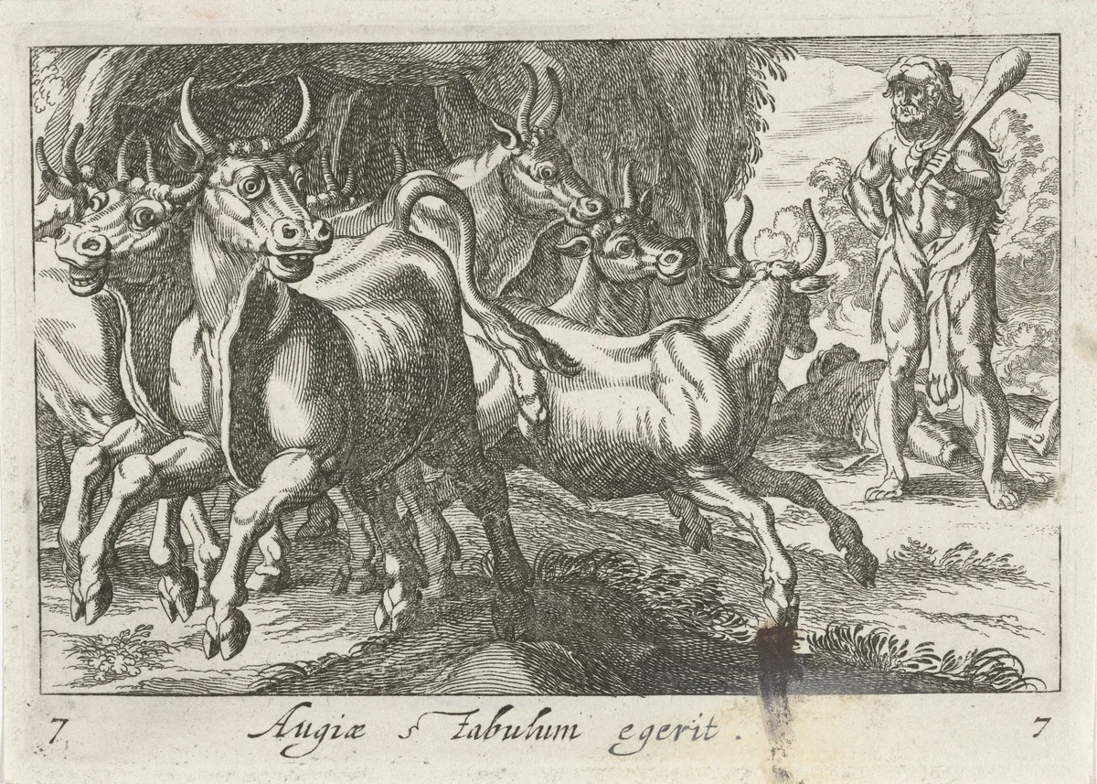 Hercules hoedt de kudde van Geryon by Simon Frisius, print, 1610-1664