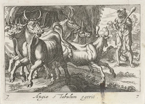 Hercules hoedt de kudde van Geryon by Simon Frisius, print, 1610-1664