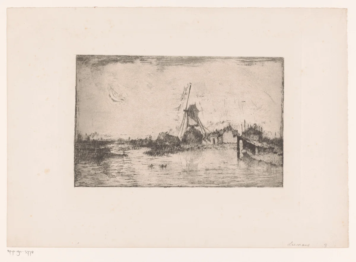 Landschap bij maanlicht met windmolen en enkele gebouwen aan een meer by Egide François Leemans, print, 1849-1883