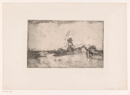 Landschap bij maanlicht met windmolen en enkele gebouwen aan een meer by Egide François Leemans, print, 1849-1883