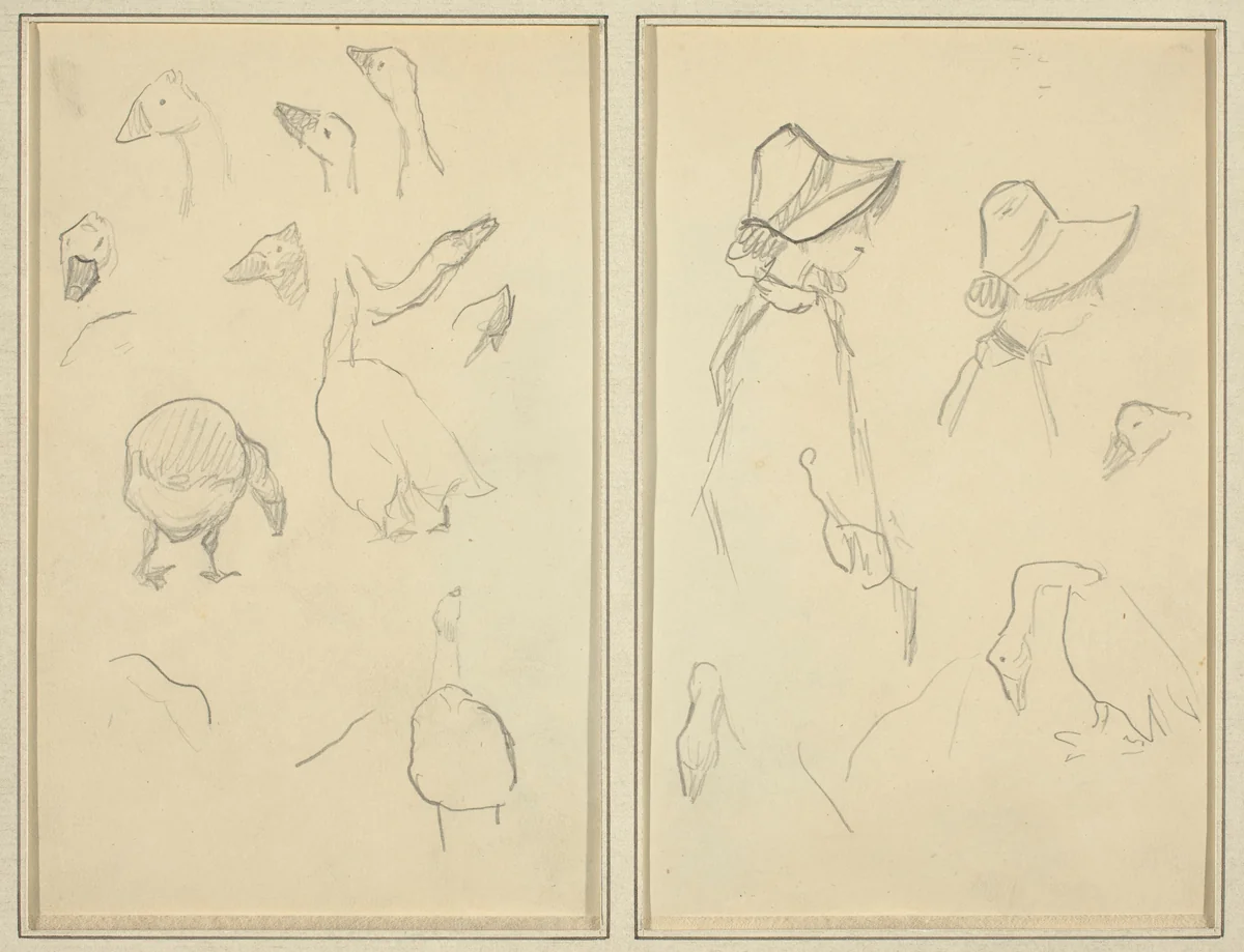 Geese; Girls in Bonnets, Geese [recto] by Paul Gauguin, drawing, 1884-1888