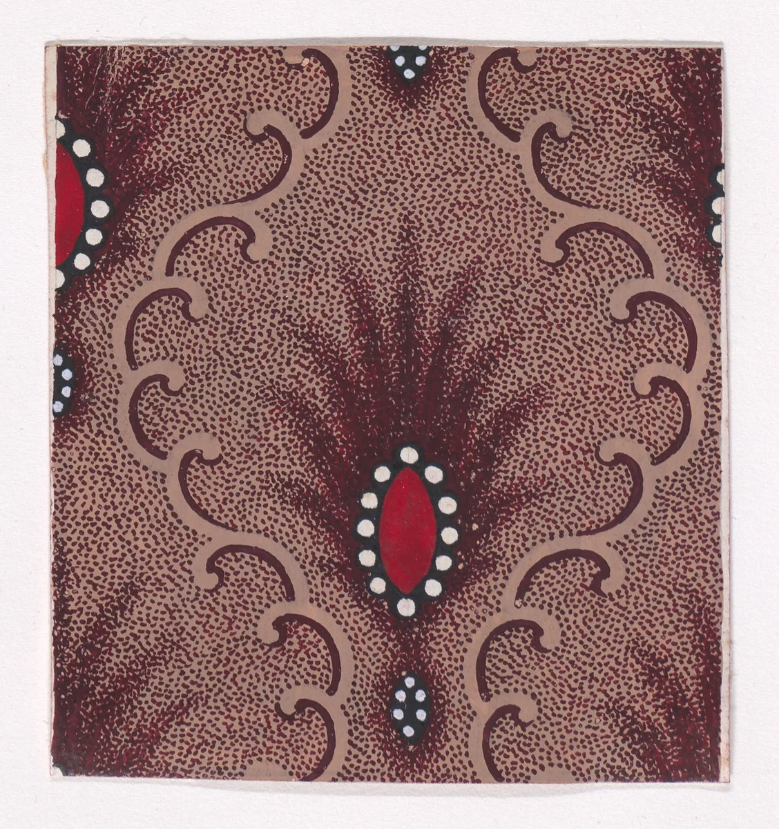 Textile Design with Alternating Rows of Palmettes Decorated with Lens Shapes Bordered with Pearls Separated By Undulating Vertical Scrolls of Ribbons by anonymous, drawing, 1840