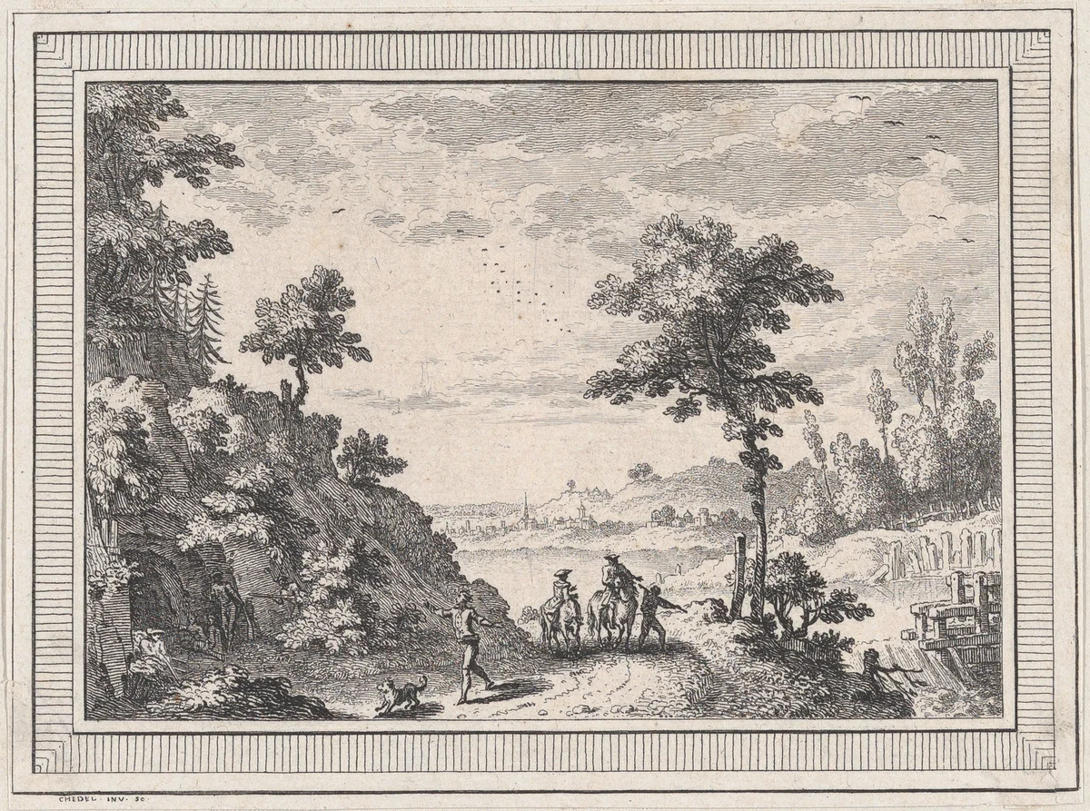 Landscape, from a series of six landscapes dedicated to Madame La Marquise de Pompadour by Quentin Pierre Chedel, print, 1720-1762
