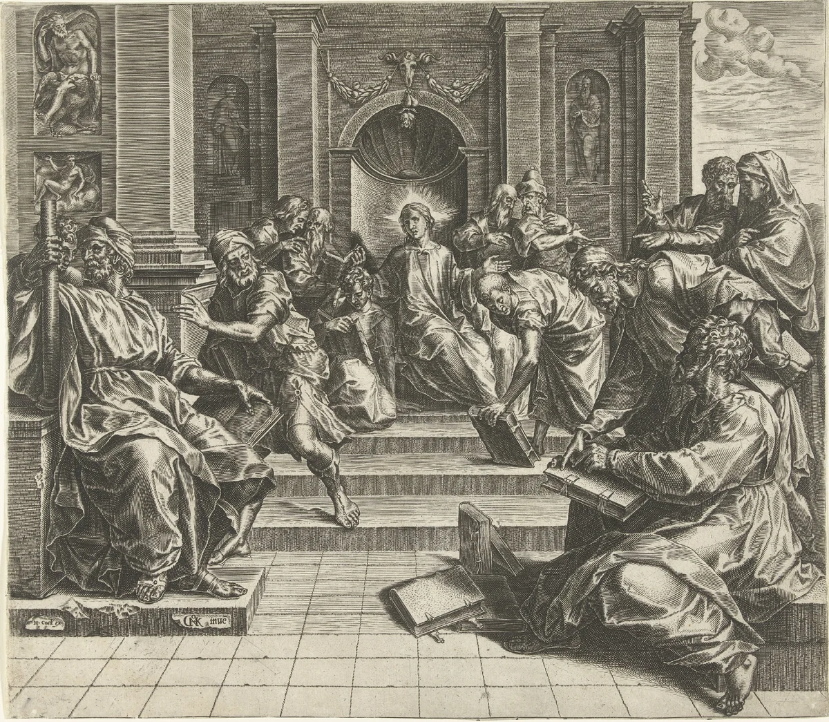 Christus, op 12-jarige leeftijd, in discussie met de schriftgeleerden by Cornelis Cort, print, 1562-1601