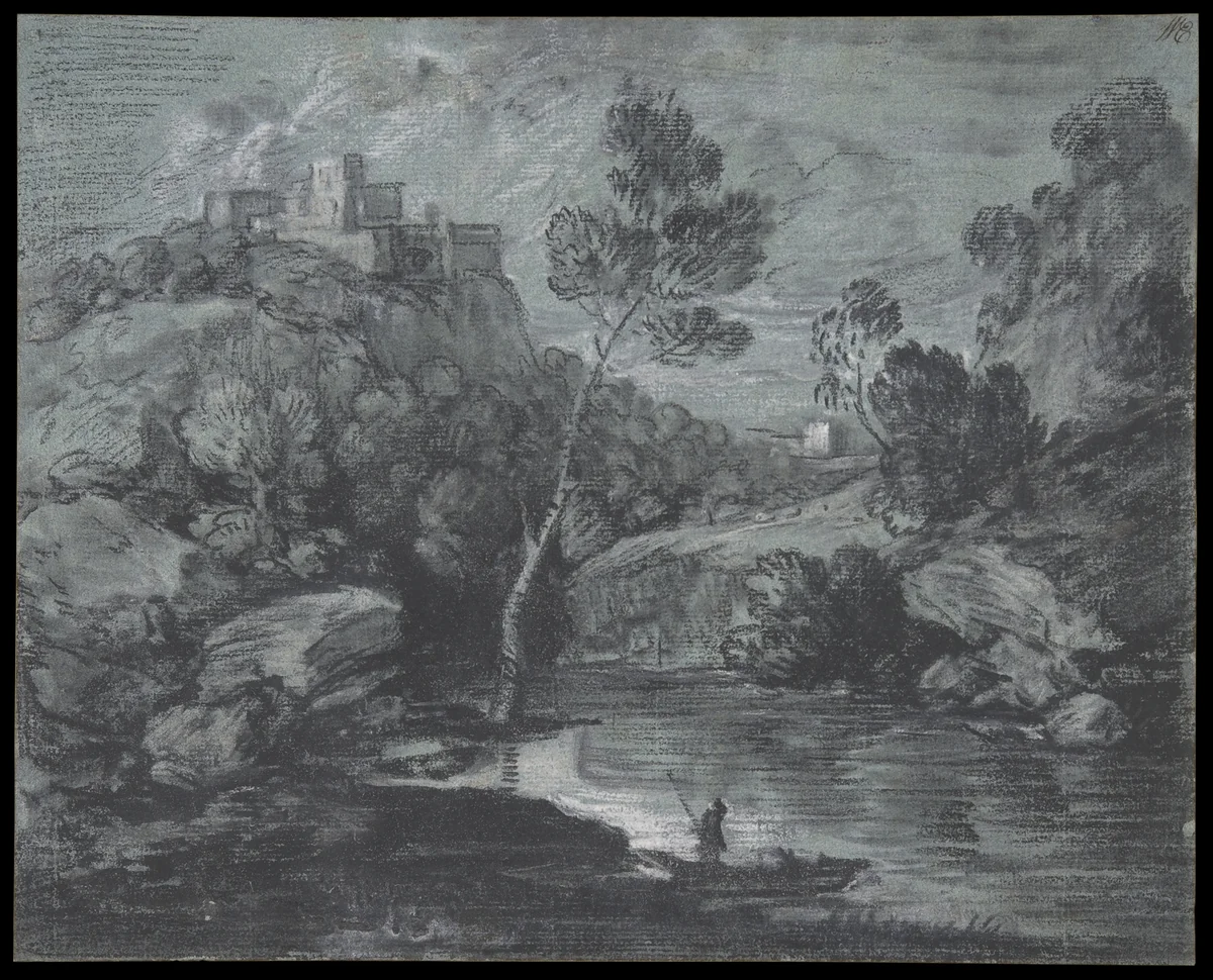 Mountain Landscape with a Castle and a Boatman by Thomas Gainsborough, drawing, 1780-1788