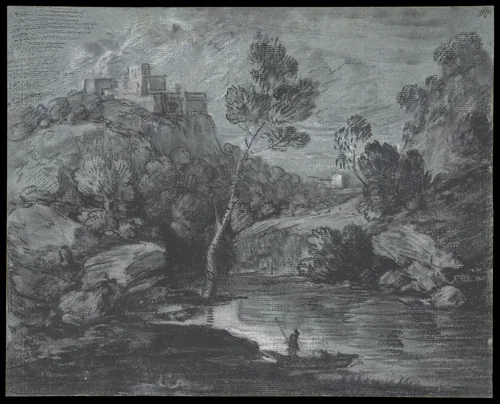 Mountain Landscape with a Castle and a Boatman by Thomas Gainsborough, drawing, 1780-1788