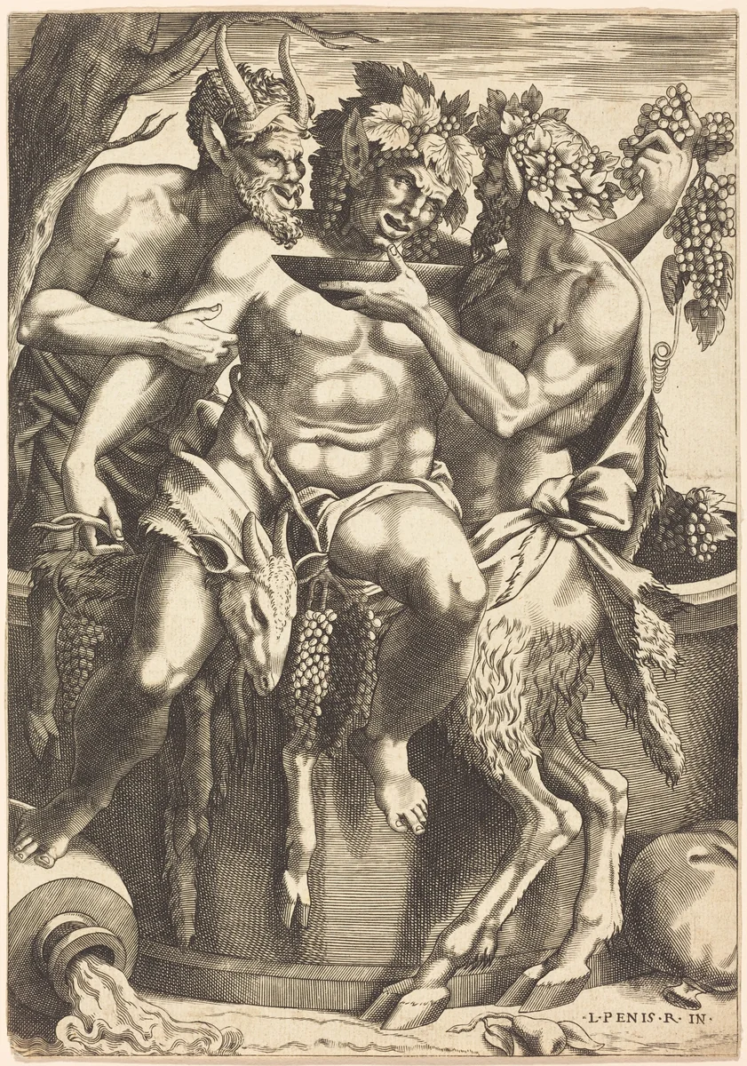Two Satyrs Giving Drink to Bacchus by René Boyvin; Luca Penni, print, 1525-1625