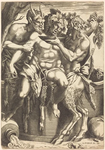 Two Satyrs Giving Drink to Bacchus by René Boyvin; Luca Penni, print, 1525-1625