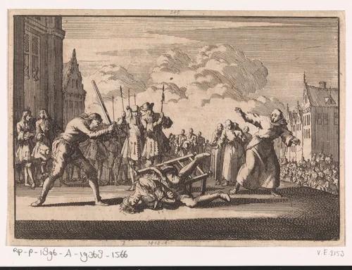Te Mainz wordt de keizerlijke opperkrijgscommissaris Cronsbruck onthoofd, 1691 by Jan Luyken, print, 1698