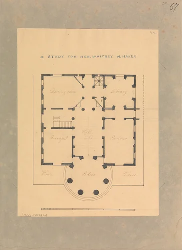 House for Henry Whitney, New Haven, Connecticut (plan) by Alexander Jackson Davis, drawing, 1831-1841