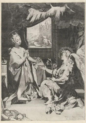 Annunciatie by Unknown, print, 1584-1588