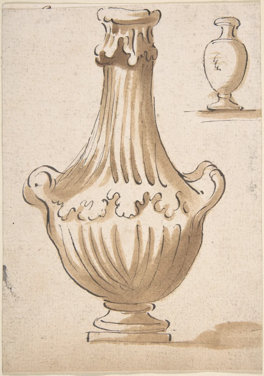 Design for a Vase: two handles, no cover. In upper right corner, a smaller, simpler shape (recto); Part of a Chalk Drawing (verso) by anonymous, drawing, 1700-1800
