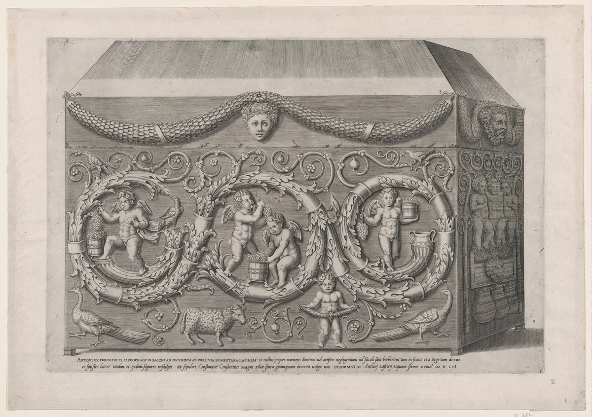 Decorated Sarcophagus with Arabesques, from "Speculum Romanae Magnificentiae" by anonymous, print, 1553