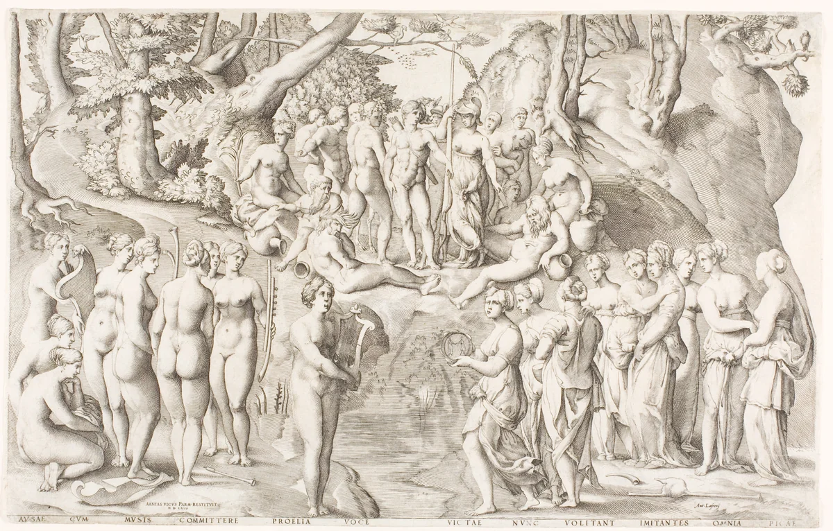 The Dispute between the Muses and the Daughters of Pierios on Parnassus by Enea Vico, print, 1553