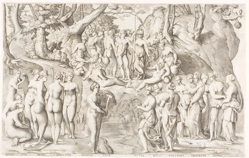 The Dispute between the Muses and the Daughters of Pierios on Parnassus by Enea Vico, print, 1553