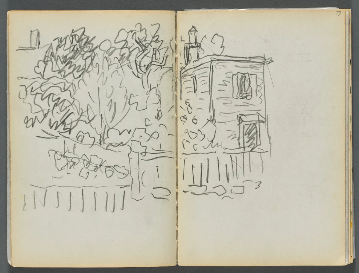 Sketchbook- The Granite Shore Hotel, Rockport, page 054 & 55: House and Fenced Garden by Maurice Prendergast, book, 1905-1910