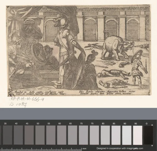Gladiatoren vechten met een olifant in een arena by Antonio Tempesta, print, 1605