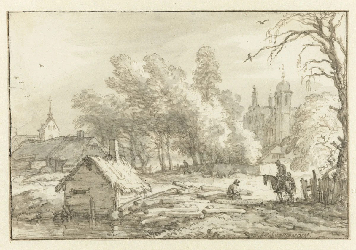 Dorpsgezicht by Allaert van Everdingen, drawing, 1631-1675