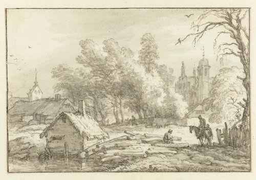 Dorpsgezicht by Allaert van Everdingen, drawing, 1631-1675
