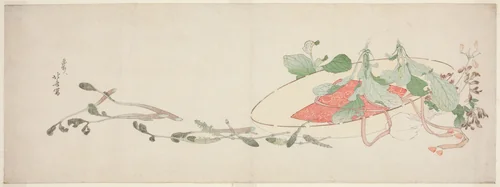 Flowers and spring greens in a hat by Katsushika Hokusai (葛飾 北斎), print, 1796-1806