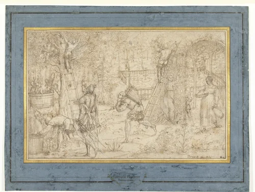 Appeloogst en druivenpluk by anonymous, drawing, 1540-1560