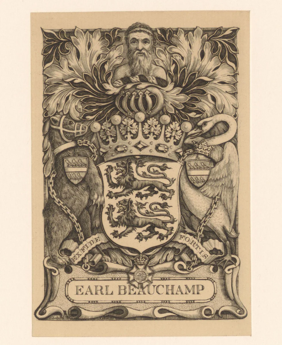 Ex libris van Earl Beauchamp, mogelijk Frederick Lygon by Charles William Sherborn, print, 1841-1912
