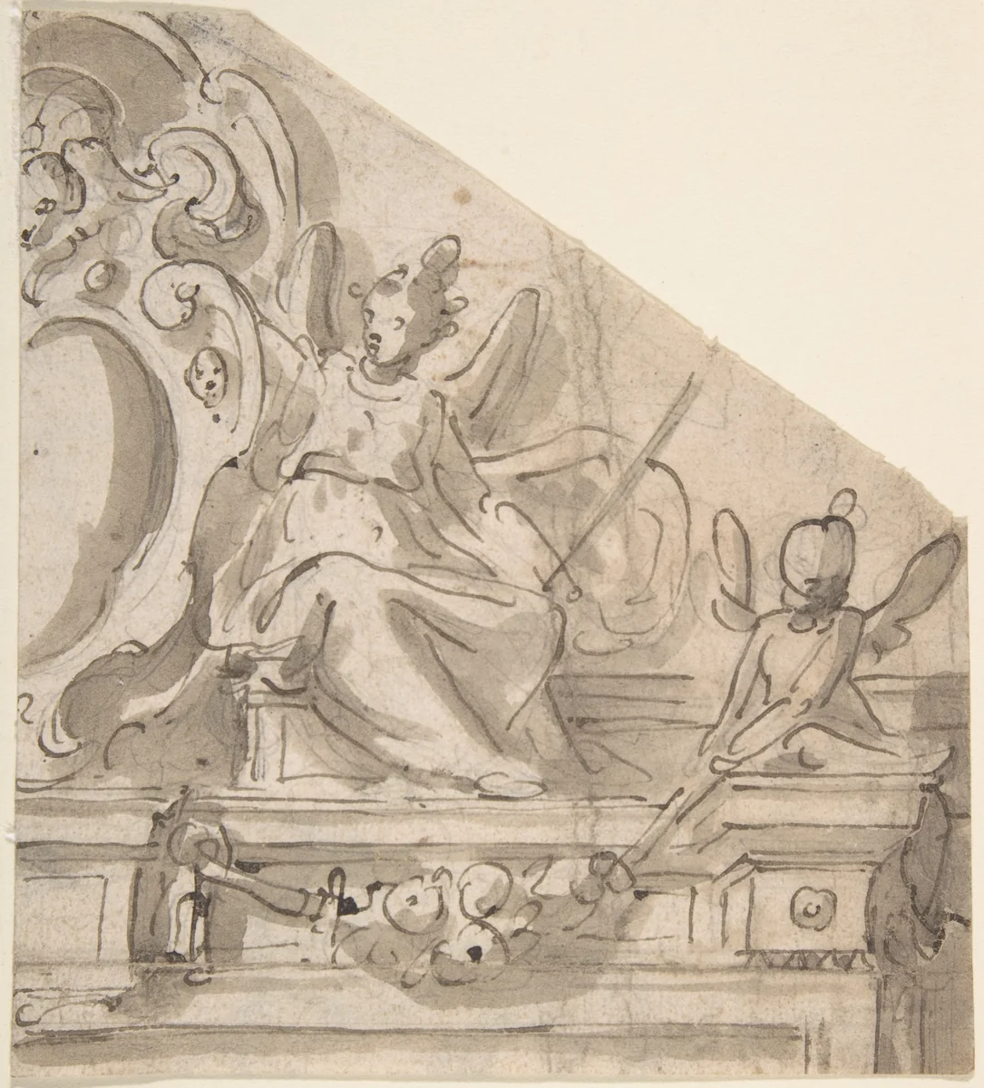 Fragment of a Design for an Overdoor with Seated Angel Supporting Cartouche, and Seated Putto Holding Garland (recto); Fragments of a Cartouche? (verso) by anonymous, drawing, 1600-1700