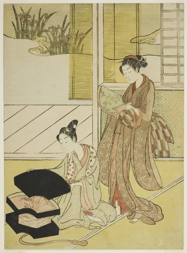A Fan Peddler Showing his Wares to a Young Woman by Suzuki Harunobu (鈴木春信), print, 1760-1770