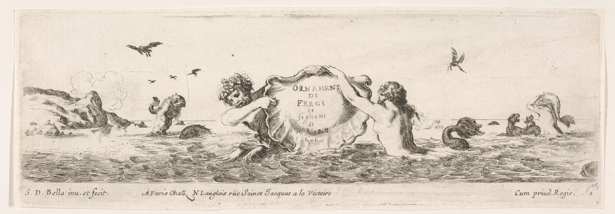 Frieze with a Triton and Mermaid holding up a Shell, title page from "Decorative friezes and foliage" (Ornamenti di fregi e fogliami) by Stefano della Bella, print, 1645-1650